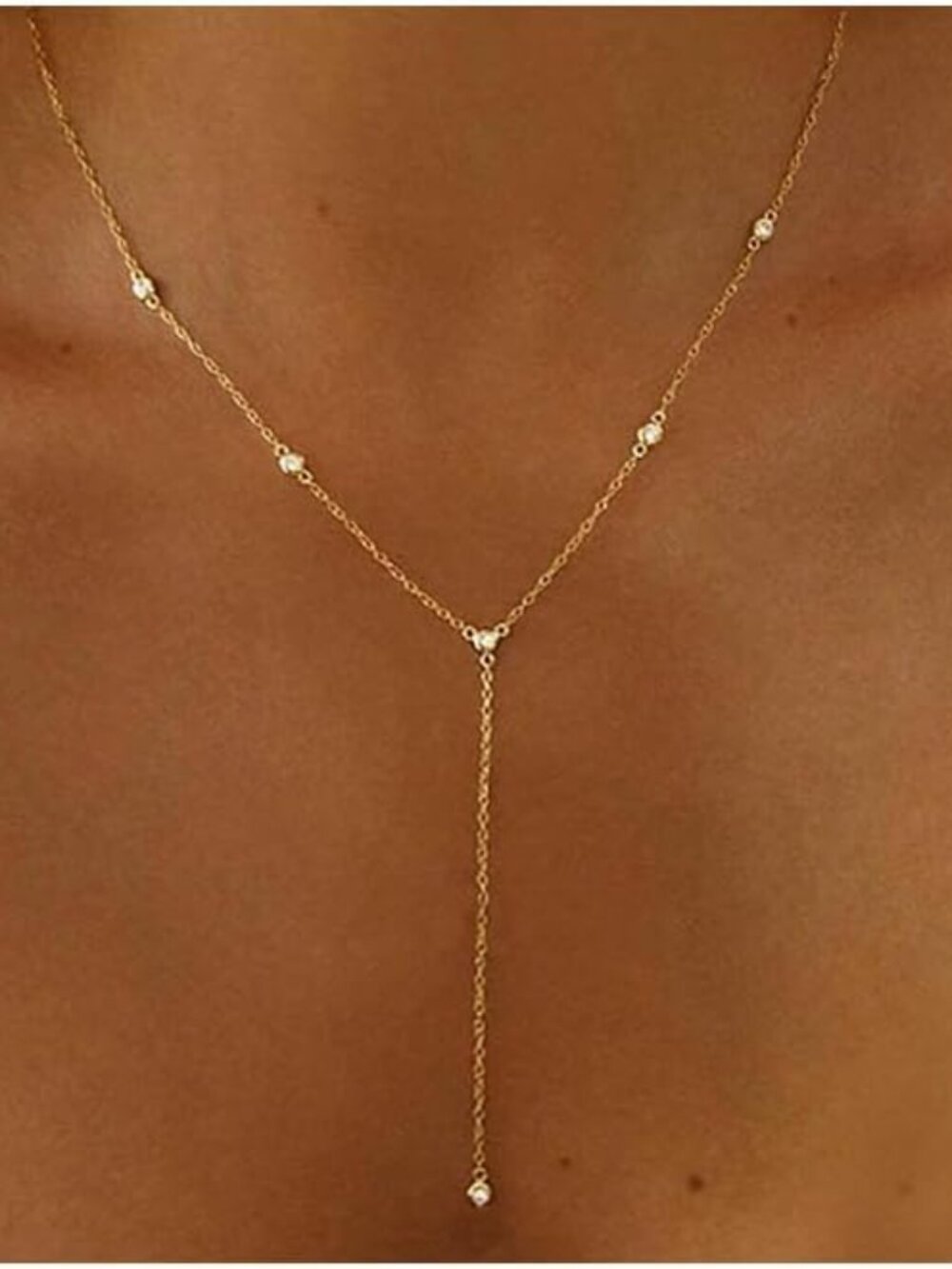 Lariat Necklace for Women，Dainty Gold Long Necklaces 14k Gold Plated CZ Lips Bea